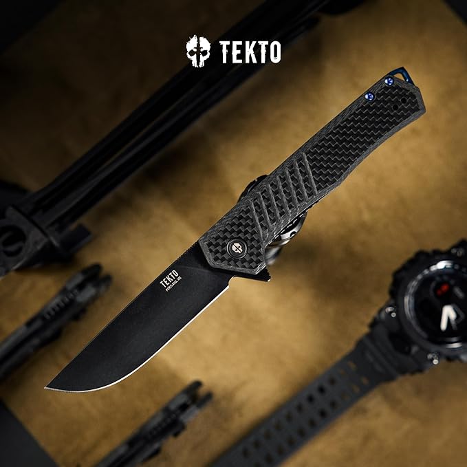 F1 Alpha Folding Pocket Knife - Modified Straight Back Blade,Titanium Coated D2 Steel, Ideal for Outdoor Camping and Backpacking, Tactical Carbon Fiber Handle, Blue Titanium Accents