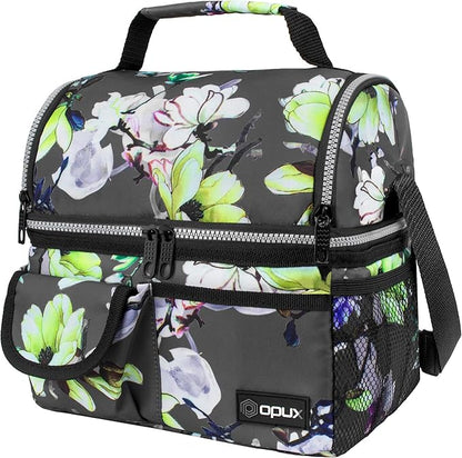 opux Lunch Bag Women Insulated, Adult Lunch Box Cooler, Flower Lunch Box, Dual Compartment Lunchbox for Work, Leakproof Double Decker Lunch Bag, Soft Lunch Pail Tote Girls Kids School, Floral Gray