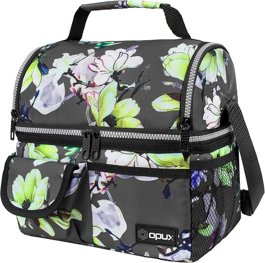 opux Lunch Bag Women Insulated, Adult Lunch Box Cooler, Flower Lunch Box, Dual Compartment Lunchbox for Work, Leakproof Double Decker Lunch Bag, Soft Lunch Pail Tote Girls Kids School, Floral Gray