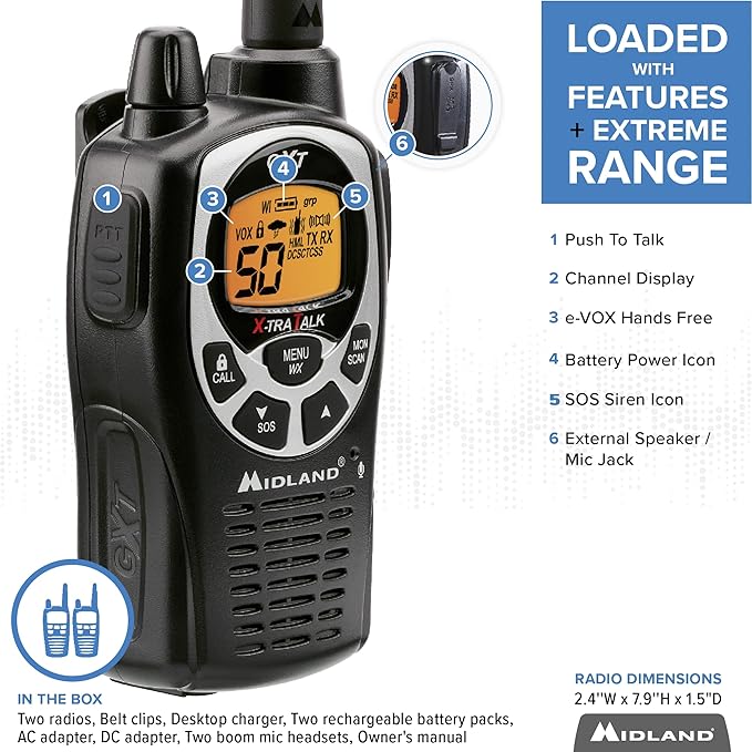 Midland GXT1000VP4 - 50 Channel GMRS Two-Way Radio - Long Range Walkie Talkie with 142 Privacy Codes, SOS Siren, and NOAA Weather Alerts and Weather Scan (Black/Silver, Pair Pack)