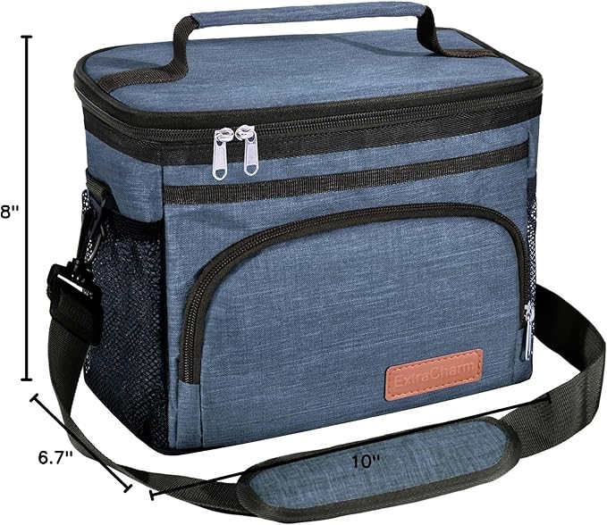 ExtraCharm Insulated Lunch Bag for Women/Men - Reusable Lunch Box for Office Picnic Hiking Beach - Leakproof Cooler Tote Bag Organizer with Adjustable Shoulder Strap for Adults - Blue