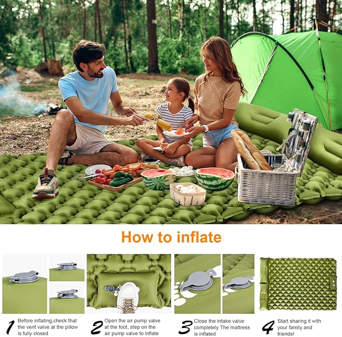 Double Sleeping Pad, Ultralight 4" Extra-Thick Self Inflating Sleeping Mat for 2 Person with Pillow Built-in Foot Pump Portable Camping Mat for Backpacking, Hiking, Traveling (Double Army yellow)