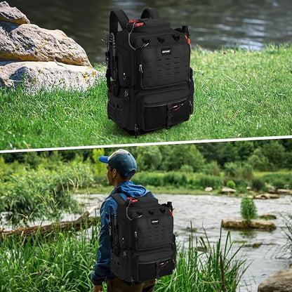 Goture IPX EVA Bottom Fishing Tackle Bag with Rod Holder, Waterproof 600D Fishing Backpack with 8 Lure Pockets & Rain Cover