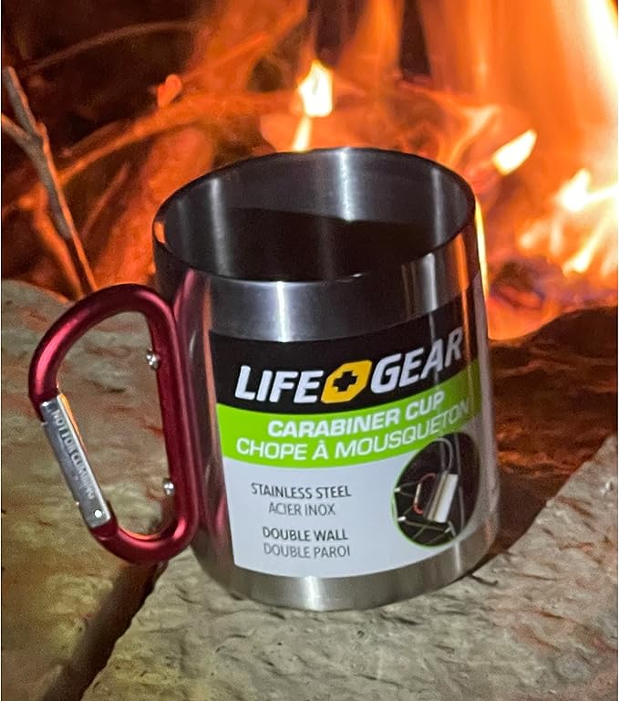 Life Gear Stainless Steel Double Walled Mug with Carabiner Handle - Portable Rockclimbing, Hiking, Backpacking or Camping Travel Cup 10 oz