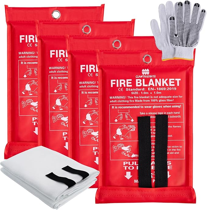 Emergency Fire Blanket 4 Pack, 40” x 40” Fire Suppression Blanket Fireproof Fiberglass Blanket for Home Survival, Fire Retardant Blanket Fire Extinguisher Blanket with Gloves for Kitchen Camping