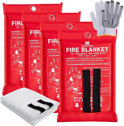 Emergency Fire Blanket 4 Pack, 40” x 40” Fire Suppression Blanket Fireproof Fiberglass Blanket for Home Survival, Fire Retardant Blanket Fire Extinguisher Blanket with Gloves for Kitchen Camping
