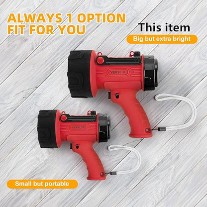 YIERBLUE Rechargeable Spotlight Flashlight with 1000,000 Lumen LED, IP67 Waterproof Long Running Spot Light searchlight, Impact Resistant Handheld Spotlight with Foldable Stand and Detachable Red Lens