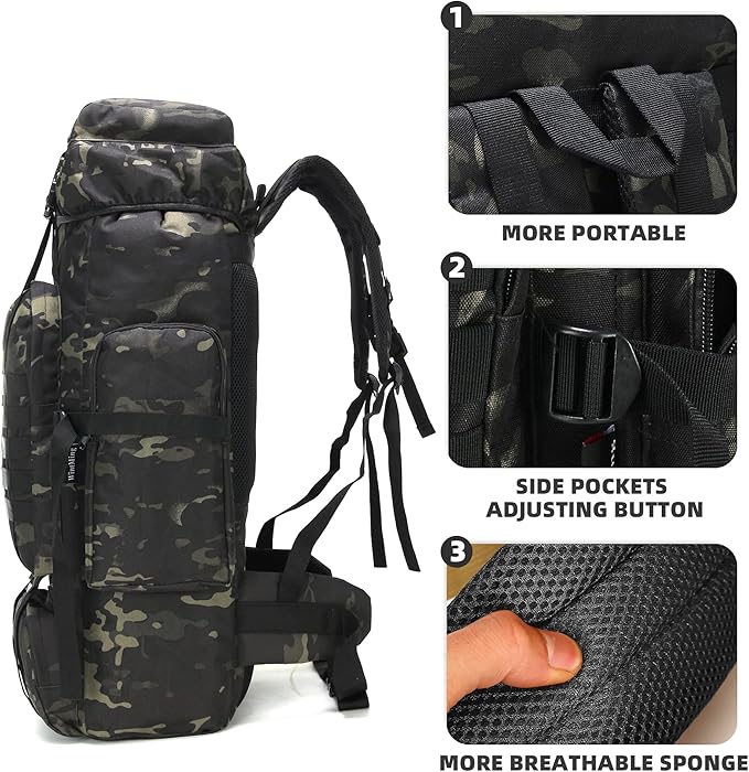 70L Camping Hiking Military Tactical Backpack Outdoor Water-Repellent Adjustable Sport Bags