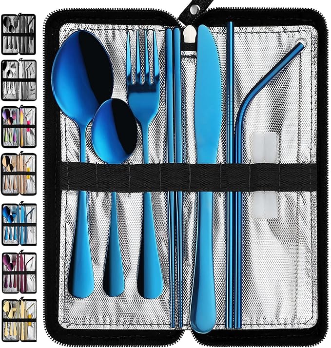 VANDBAO Portable Travel Utensils, Reusable Silverware with Case for Fixing Tableware, 9 Pieces Stainless Steel Stable Flatware Set, Camping Picnic Cutlery Set (Blue Set)