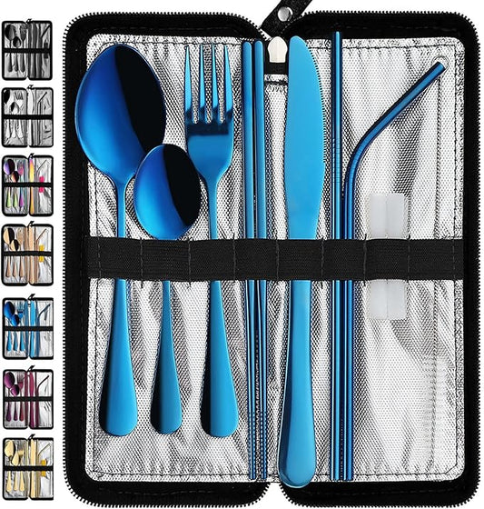 VANDBAO Portable Travel Utensils, Reusable Silverware with Case for Fixing Tableware, 9 Pieces Stainless Steel Stable Flatware Set, Camping Picnic Cutlery Set (Blue Set)