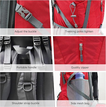 King'sGuard Hiking Backpack for Men and Women 70L+5L Waterproof Lightweight Camping Daypack with Rain Cover for Outdoor Travel Mountaineering - Frameless (Red)
