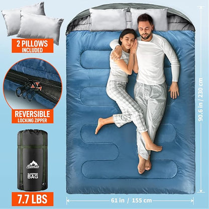 MEREZA Double Sleeping Bag for Adults Mens with Pillow, XL Queen Size Two Person Sleeping Bag for All Season Camping Hiking Backpacking 2 Person Sleeping Bags for Cold Weather & Warm