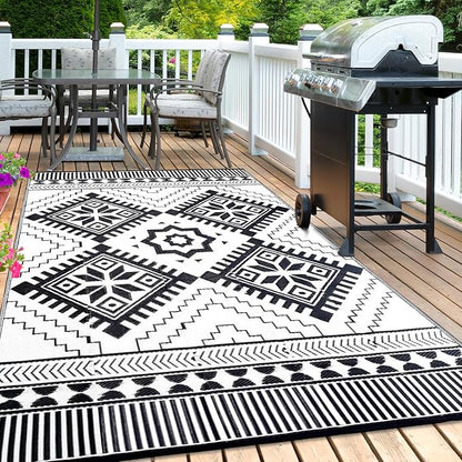 Waterproof Outdoor Rug 6x9ft, Boho Reversible Plastic Straw Mat for Patio RV Deck Porch Backyard Balcony Camping Picnic Beach Indoor Outdoor Carpet, Black&White