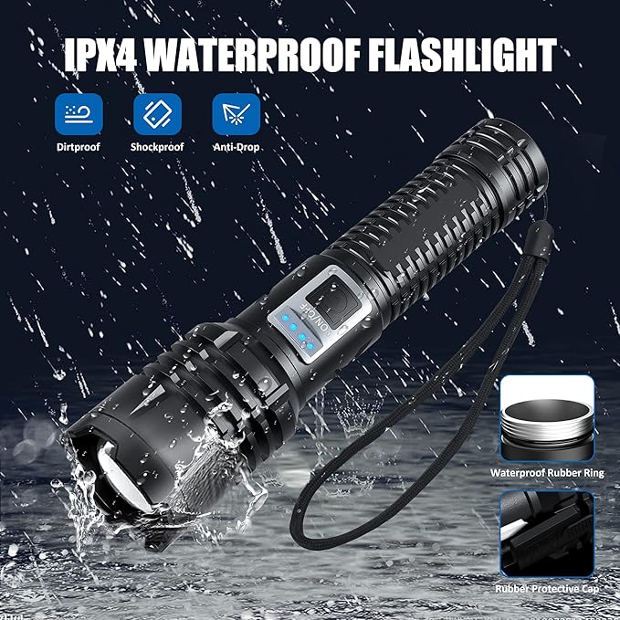 Rechargeable LED Flashlights high lumens,100000 Lumens Super Bright Tactical Flashlights,Waterproof Handheld Flashlight with 5 Mode,Built-in Battery,Zoomable for Emergencies Camping