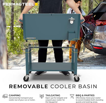 Permasteel 80-Qt Outdoor Patio Cooler with Removable Basin, Outside Beverage Cooler Cart, Rolling Cooler with Wheels and Handles, Teal Green
