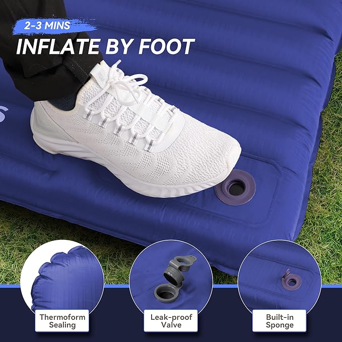 TOBTOS Inflatable Sleeping Pad for Camping with Pillow, 4" Thick Camping Mat with Built-in Foot Pump, Compact Air Mattress for Camping, Hiking, Backpacking (Blue)