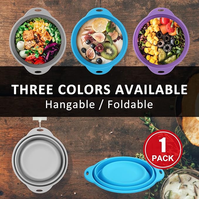 Collapsible Silicone Salad Bowl 64oz Camping Bowl Outdoor Hiking Travel Durable Bowl for Storage and Mixing Food-Grade Silicone Food Storage Container 1 Pack (Grey)