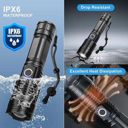 LED Flashlights High Lumens Rechargeable, 980,000 Lumens Super Bright Tactical Flashlight Powerful Flash Light with 5 Modes, 12H Running Time, IPX6 Waterproof Flashlight for Home Emergency