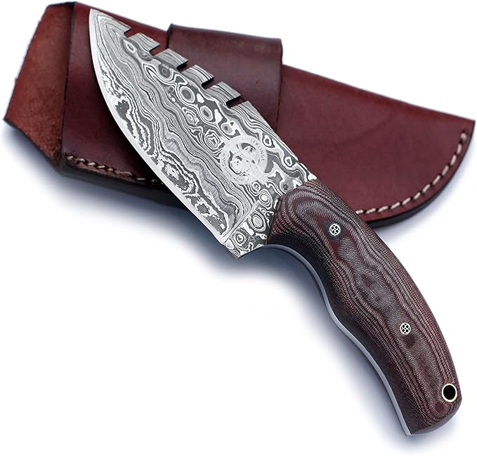 Handmade Damascus Steel Knife for Hunting,Survival,Camping,Bushcraft,and Fishing-Fixed Blade Drop Point with Saw back Full Tang Micarta Handle with Cowhide-Leather Sheath - WKD-773