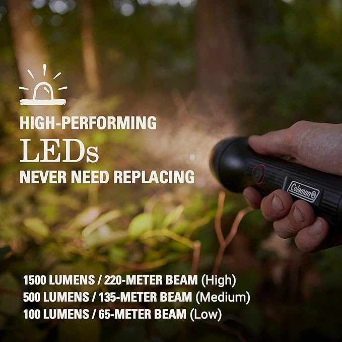Coleman Classic Recharge 800/1500 Lumens Premium Flashlight, Impact & Water-Resistant Lightweight Flashlight with Rechargeable Battery, LEDs Never Need Replacing, Great for Camping or Emergencies