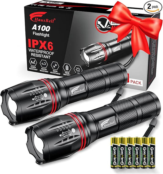 HAUSBELL LED A100 Flashlight Bright, Zoomable Tactical Flashlights Flash Light with 2000 High Lumens and Five Modes for Emergency and Outdoor Use Camping Accessories, 2 Pack