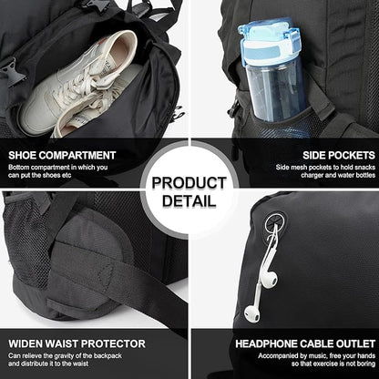 INOXTO 40L Hiking Backpack, Camping Backpack with Waterproof Rain Cover for Men, Outdoor Sport Travel Daypack for Climbing (065 Black)