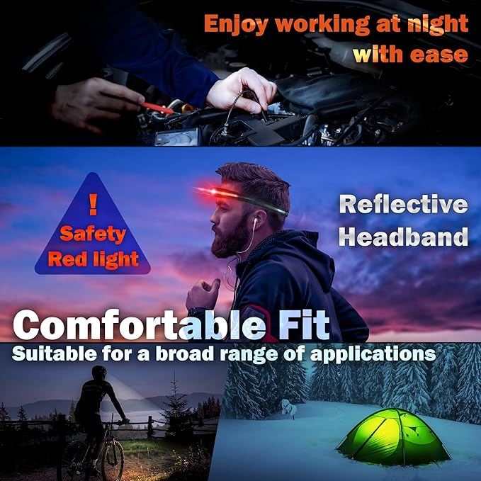 CYRA LED Headlamp Rechargeable USB-C, IPX4 Red Light Option 230°, 400 Lumen Wide Beam Hard Hat Light, 2.1oz Lightweight lightbar Head Lamp for Hiking & Camping Accessories, Running, Outdoor, Adults