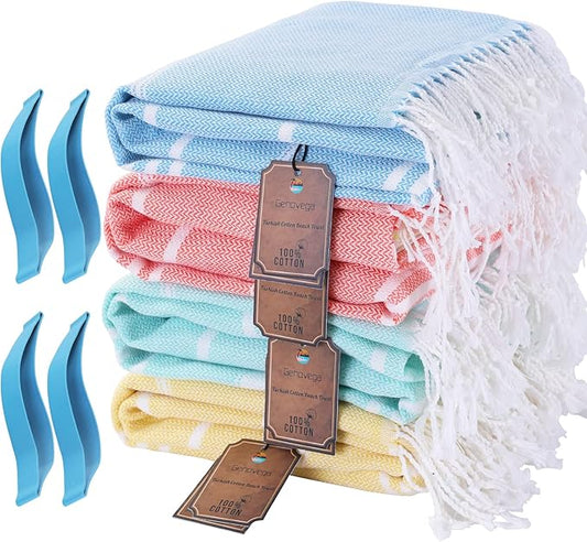 Genovega 4 Packs Cotton Turkish Beach Towels Set Bulk Oversized Extra Large Quick Dry Sand Free Bathroom Pool Swim Towel for Adult Travel Essentials Cruise Accessories Must Haves Clearance Multipack