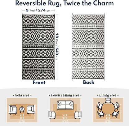 Waterproof Outdoor Rug 9x18 ft, Reversible Plastic Straw Rug, Easy to Clean Patio Rug, Portable Carpet for Patio, RV, Deck, Balcony, Backyard, Picnic, Beach, Geometric Diamond, Gray