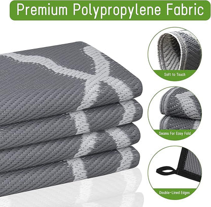 Easy-Going Reversible Outdoor Rugs 9x12ft Waterproof Plastic Straw Rug Stain & UV Resistant Floor Mat for Patio Porch RV Backyard Pool Deck Picnic Beach Trailer Camping (Moroccan Grey & Light Grey)