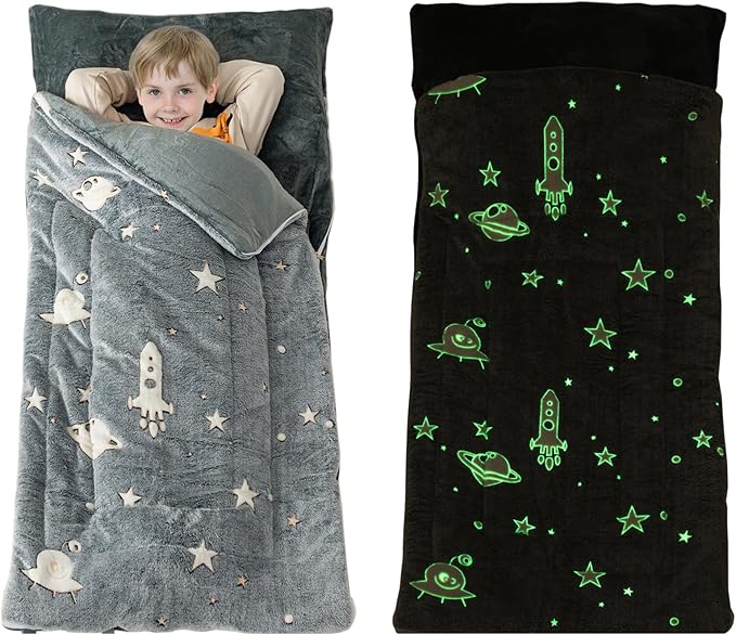 Sleeping Bag for Kids Toddler Nap Mat 63" x 30" Toddler Slumber Bag Glow in The Dark Blanket Fluffy with Padded Mat for Boys, Girls,Grey Space/Pink Unicorn/Rainbow Unicorn