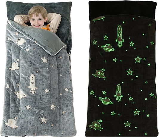 Sleeping Bag for Kids Toddler Nap Mat 63" x 30" Toddler Slumber Bag Glow in The Dark Blanket Fluffy with Padded Mat for Boys, Girls,Grey Space/Pink Unicorn/Rainbow Unicorn