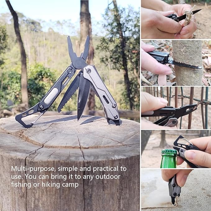 Mini pockets multitool 8-in-1 with Mini Tools Knife Pliers and Wood saw - Multi Tool All in One, camping and hiking gear, EDC gadgets, Pockets folding knife pliers. Christmas gift for man and dad