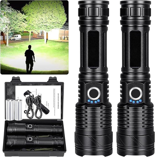 Rechargeable LED Flashlights High Lumens, 990,000 Lumen Super Bright USB Flashlight with 5 Modes, Waterproof Powerful Flash Light Multifunctional US Flashlights for Home Camping Hiking(2 Pack)