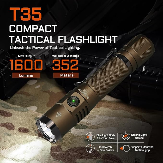 ACEBEAM T35 Tactical EDC Flashlight Gifts for Men, 1600 High Lumens Flashlight Rechargeable, Dual Switches Tactical Flashlight, Super Bright Pocket LED Flashlight for Emergency, Camping