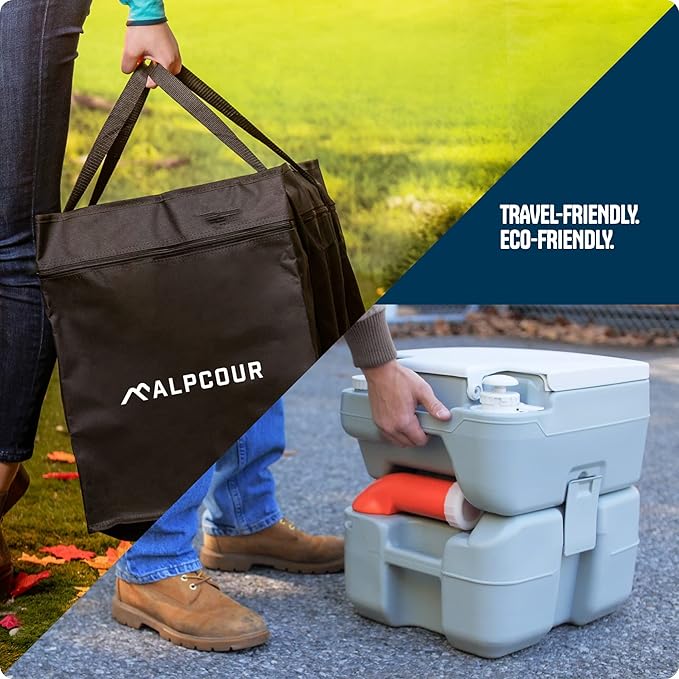 Alpcour Portable Toilet – Compact Indoor & Outdoor Commode w/Travel Bag for Camping, RV, Boat – Piston Pump Flush, 5.3 Gallon Waste Tank, Built-In Pour Spout & Washing Sprayer for Easy Cleaning