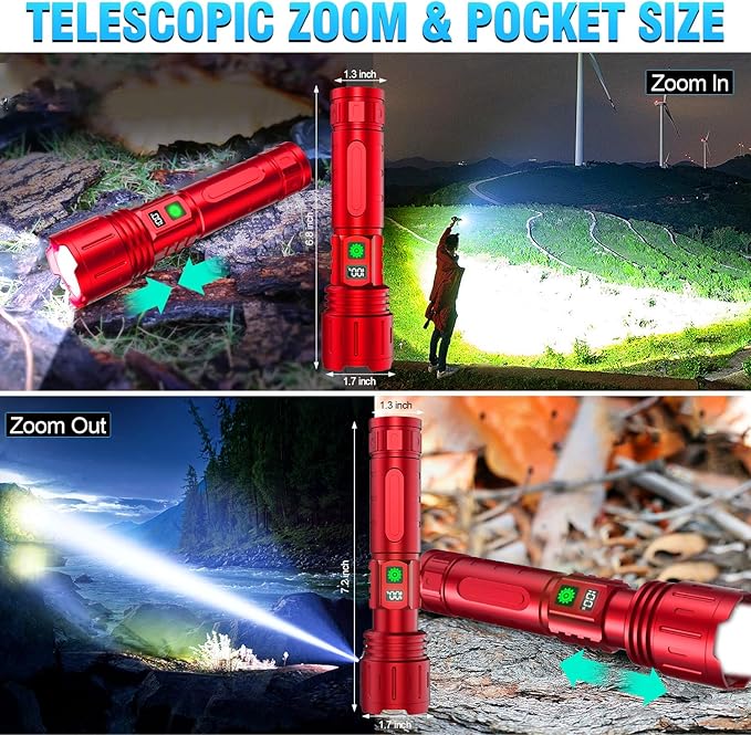 Flashlights 20000 High Lumens Rechargeable - 1500 Meters Long Beam Super Bright LED Flash Light with Power Display & IPX5 Waterproof for Camping, 20H Runtime,5 Modes,Zoomable Handheld Flashlight -Red