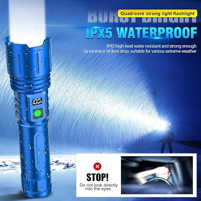 Flashlights 20000 High Lumens Rechargeable - 1500 Meters Long Beam Super Bright LED Flash Light with Power Display & IPX5 Waterproof for Camping, 20H Runtime,5 Modes,Zoomable Handheld Flashlight-Blue