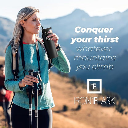 IRON °FLASK Camping & Hiking Hydration Flask, Wide Mouth, 3 Straw Lids, Stainless Steel Outdoor Water Bottle, Double Walled, Insulated Thermos, Metal Canteen - Midnight Black, 40 Oz
