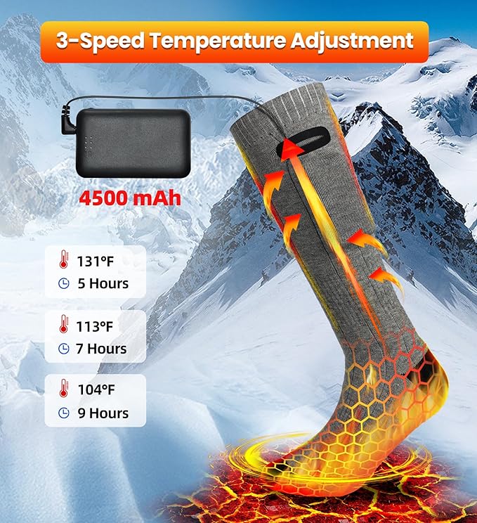 Heated Socks for Men Women, 4500 mAh Electric Rechargeable Heated Socks, Warm Winter Battery Heated Socks Women Outdoor Riding Camping Hiking Motorcycle Heated Ski Sock