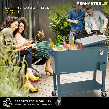 Permasteel 80-Qt Outdoor Patio Cooler with Removable Basin, Outside Beverage Cooler Cart, Rolling Cooler with Wheels and Handles, Teal Green