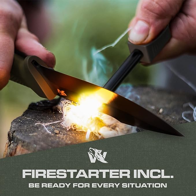 WOLF-III Full Tang Survival Knife with Fire Starter and Sheath - Stylish Tactical Fixed Blade Knife - Made of D2 Steel - Bushcraft and Camping Knife - With Belt Loop, Plug Lock & Multi Lok