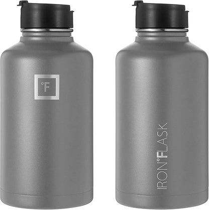 IRON °FLASK Camping & Hiking Hydration Flask, Wide Mouth, 3 Straw Lids, Stainless Steel Outdoor Water Bottle, Double Walled, Insulated Thermos, Metal Canteen - Graphite, 64 Oz