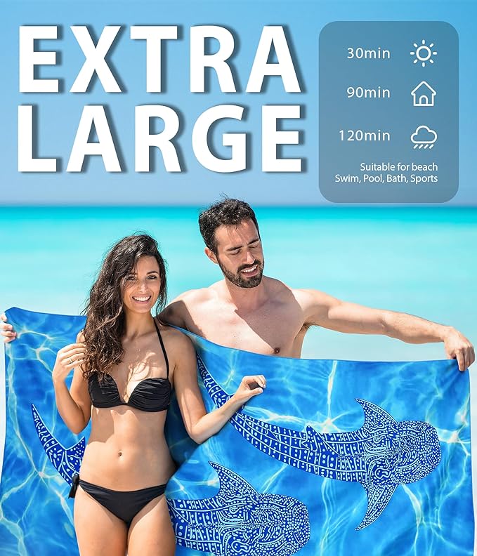 Microfiber Quick Dry Beach Towel – Lightweight Sand Free Oversized X-Large Towel Accessories Travel Must Have Swim Pool Yoga Camping Gear Summer Cruise Ship Compact Sandproof Item Gift Whale