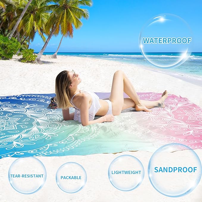 BYDOLL Beach Blanket Sandproof Waterproof 78''×81'' 1-4 Adults Compact Lightweight Oversized Beach Blanket Large Picnic Mat Beach Blanket for Travel Camping Hiking Picnic