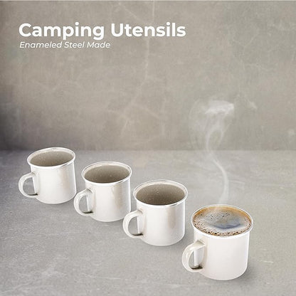 Libken Camping Mugs Enamel - 3x5x3-Inch Hot and Cold Beverage Coffee Mug - Set of 4 Enameled Steel Cups - Versatile Enamel Mugs with Comfortable Handle for Camping or Cozy Morning at Home - Beige