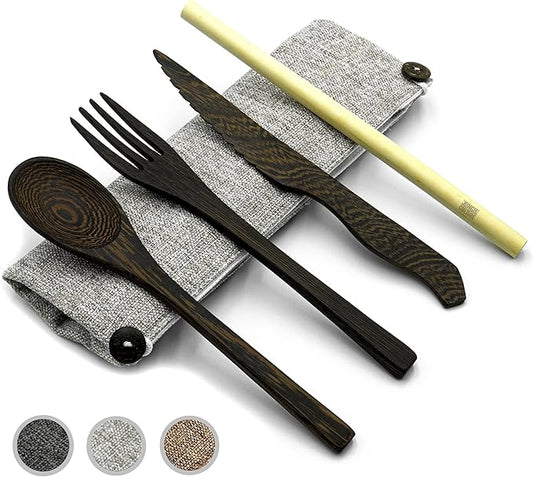 Jungle Culture® Premium Wooden Travel Utensils • Knife, Fork, Spoon, Straw, Case • Eco Friendly Alternative to Bamboo Cutlery • Coconut Bowls Zero Waste Reusable Flatware • Portable Camping Picnic Set