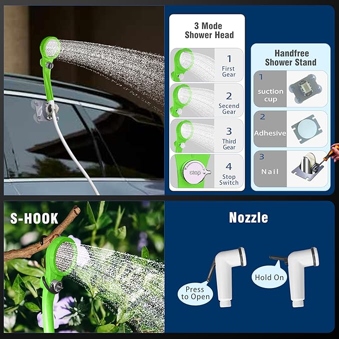 Portable Camping Shower Pump: 6000mA Rechargeable Battery Water Pump for Traveling Hiking - Camp Bucket Shower Head for Outdoor