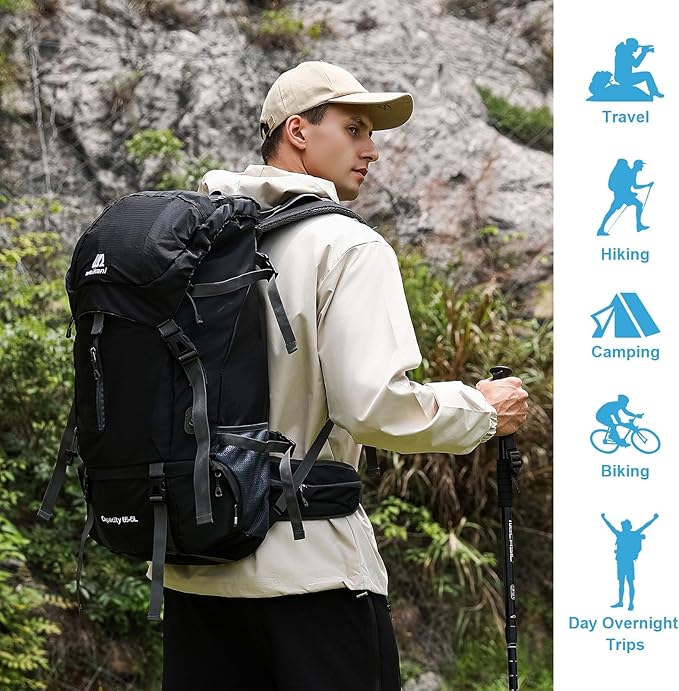 ShowyLive 70L Backpack - Waterproof Hiking Backpack for Men and Women - Lightweight Camping and Backpacking Backpack with Rain Cover and Comfort Design, Black