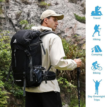 ShowyLive 70L Backpack - Waterproof Hiking Backpack for Men and Women - Lightweight Camping and Backpacking Backpack with Rain Cover and Comfort Design, Black